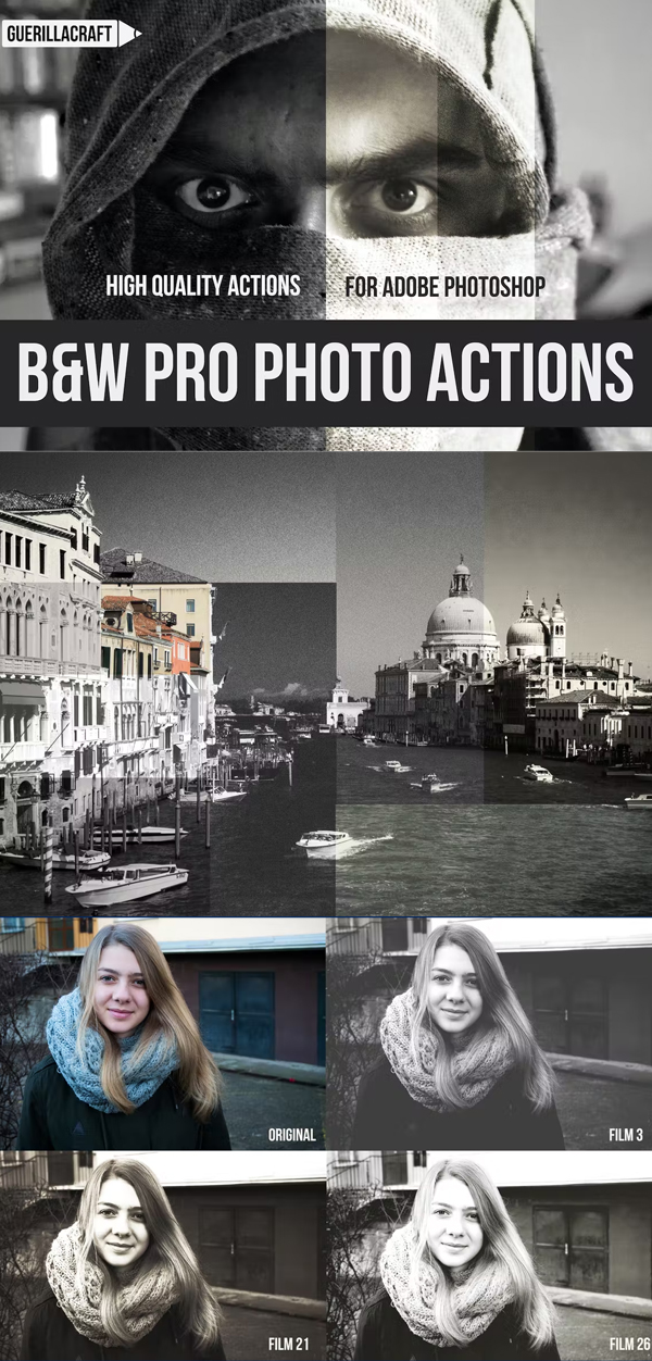 Black and white professional actions for Photoshop