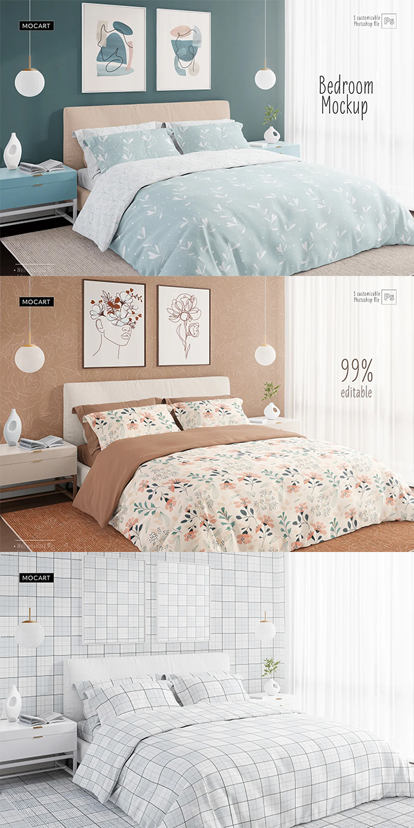 Bedroom Bedding and Wallpaper Mockup