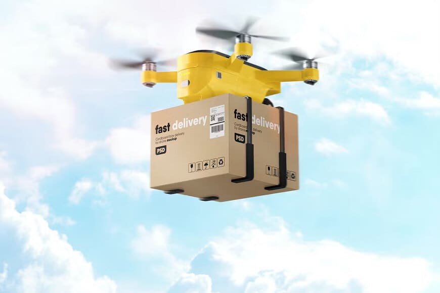 Free Mockup Drone Holding Packaging Box