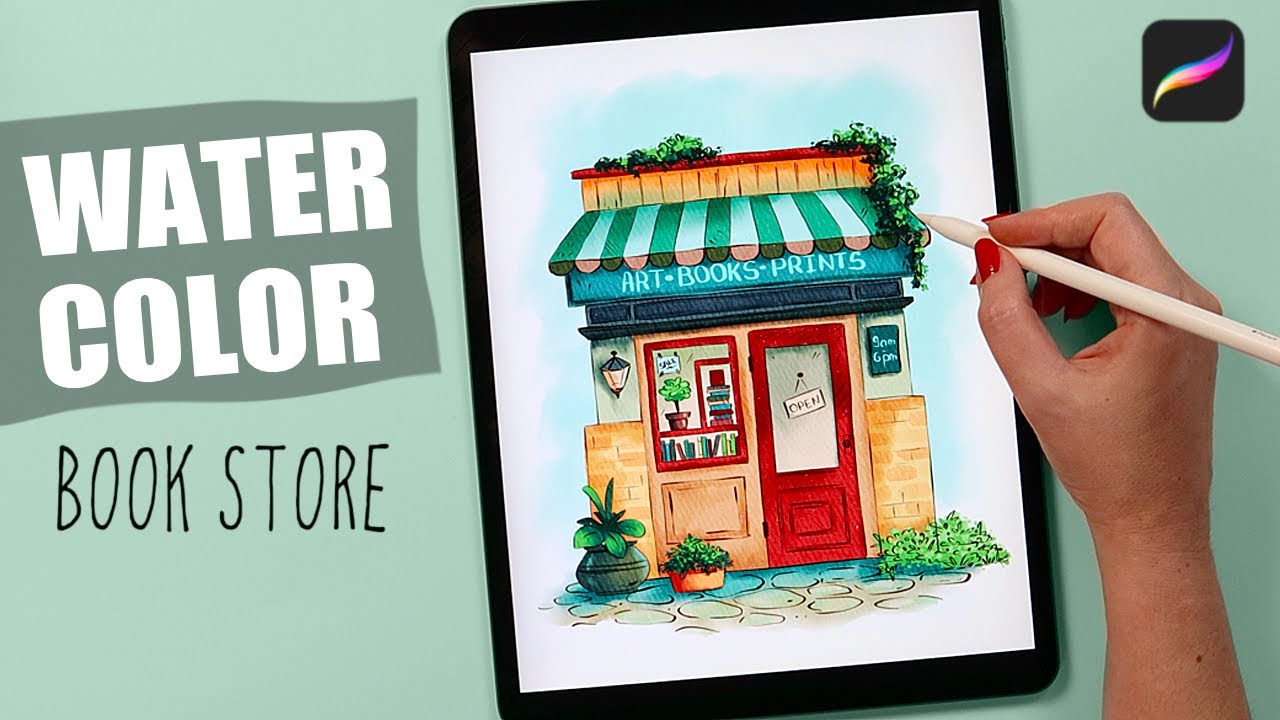 How to Drawing a BookStore - Procreate Watercolor Tutorial