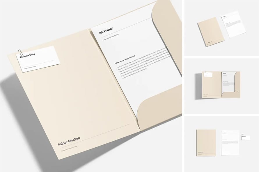 Folder and Paper with Business Card Mockup