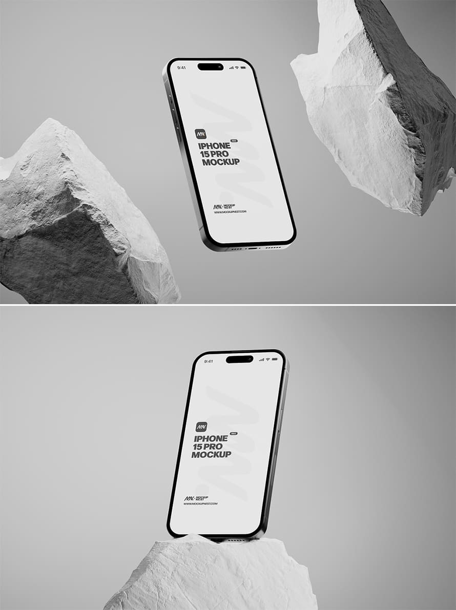 Free Iphone 15 Pro Mockup with White Rock