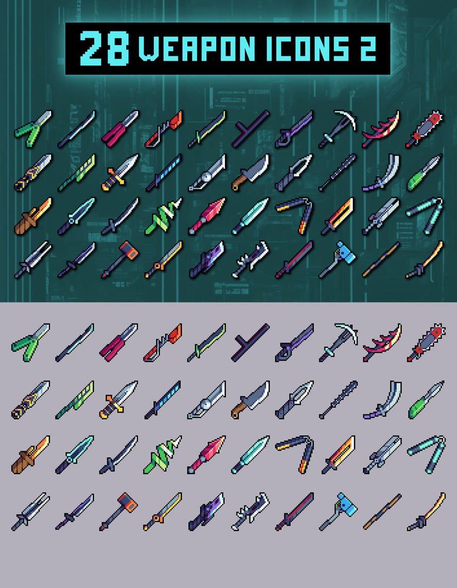 Free Melee Weapon Pixel Icons For Cyberpunk