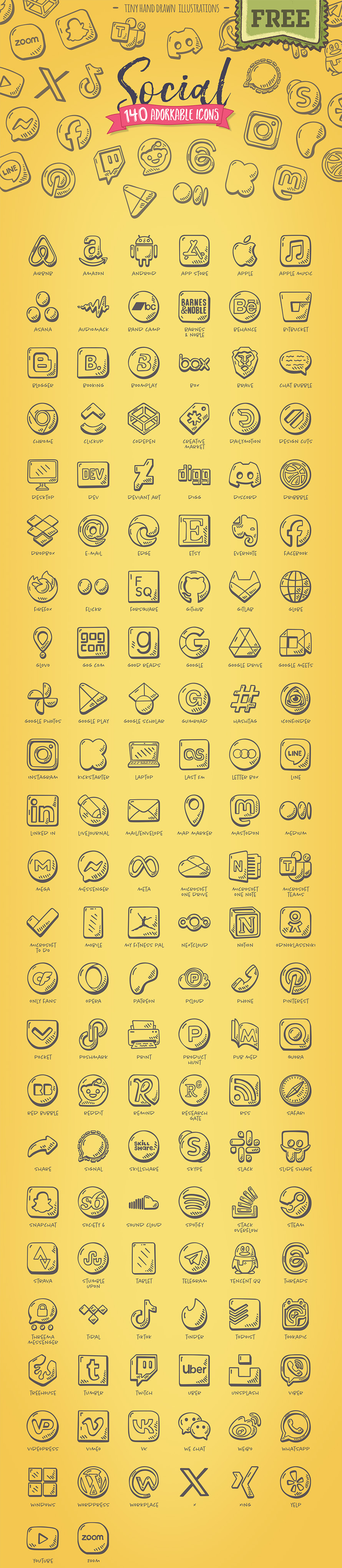 Free Hand-drawn Social Media Icons (140 Icons)